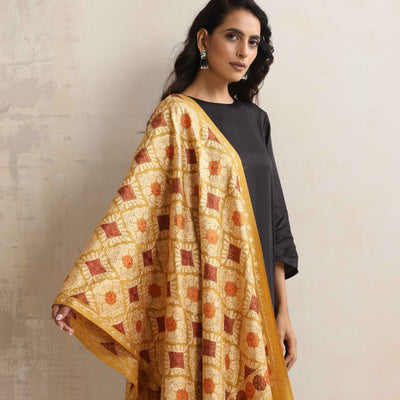 trueBrowns Mustard Embroidered  Woollen Stole