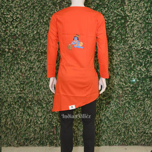 Orange Peacock Theme  Hand-Painted Pattachitra Kurta