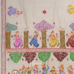 White Krishna Boita Hand-Painted Pattachitra Saree