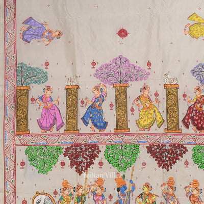 White Krishna Boita Hand-Painted Pattachitra Saree