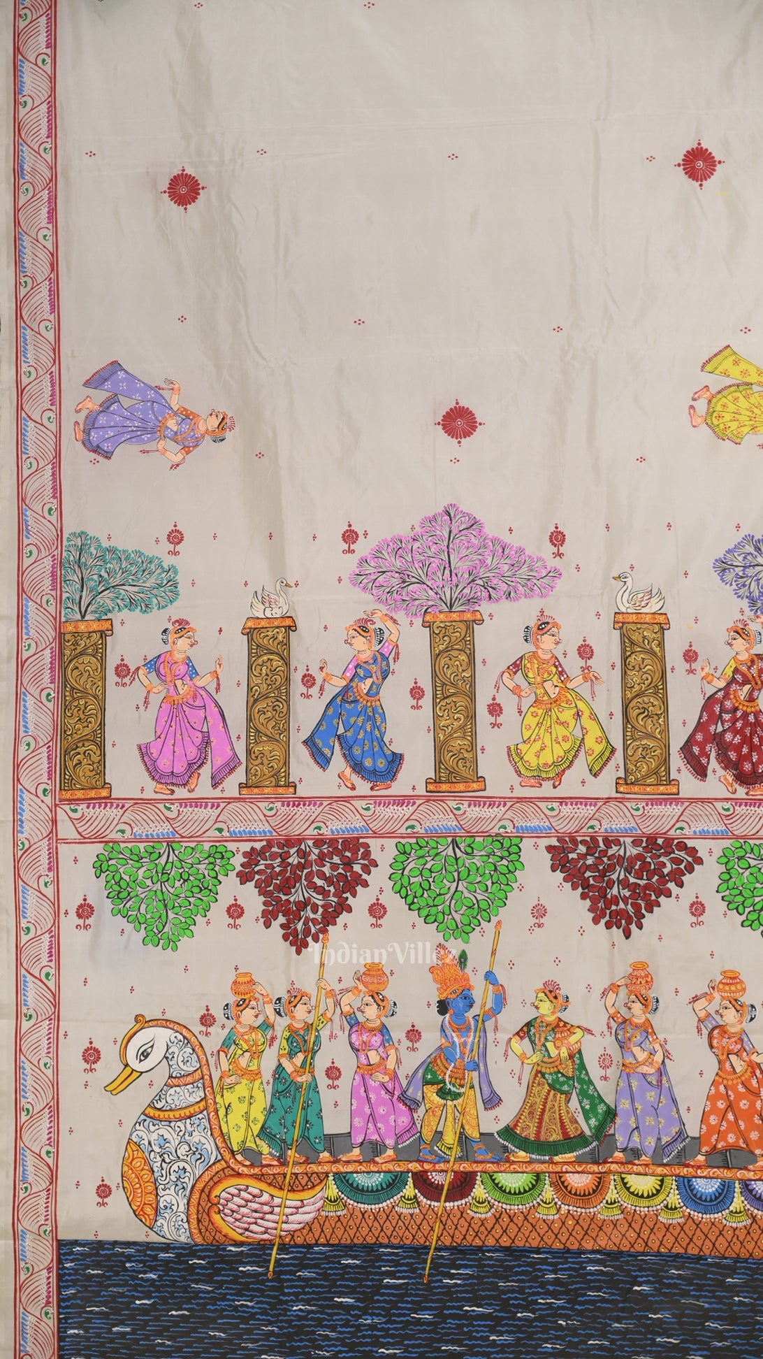 White Krishna Boita Hand-Painted Pattachitra Saree