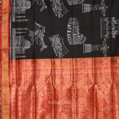 Pure Black Half Tissue Sambalpuri Silk Saree ( 7 Wonders of the World)