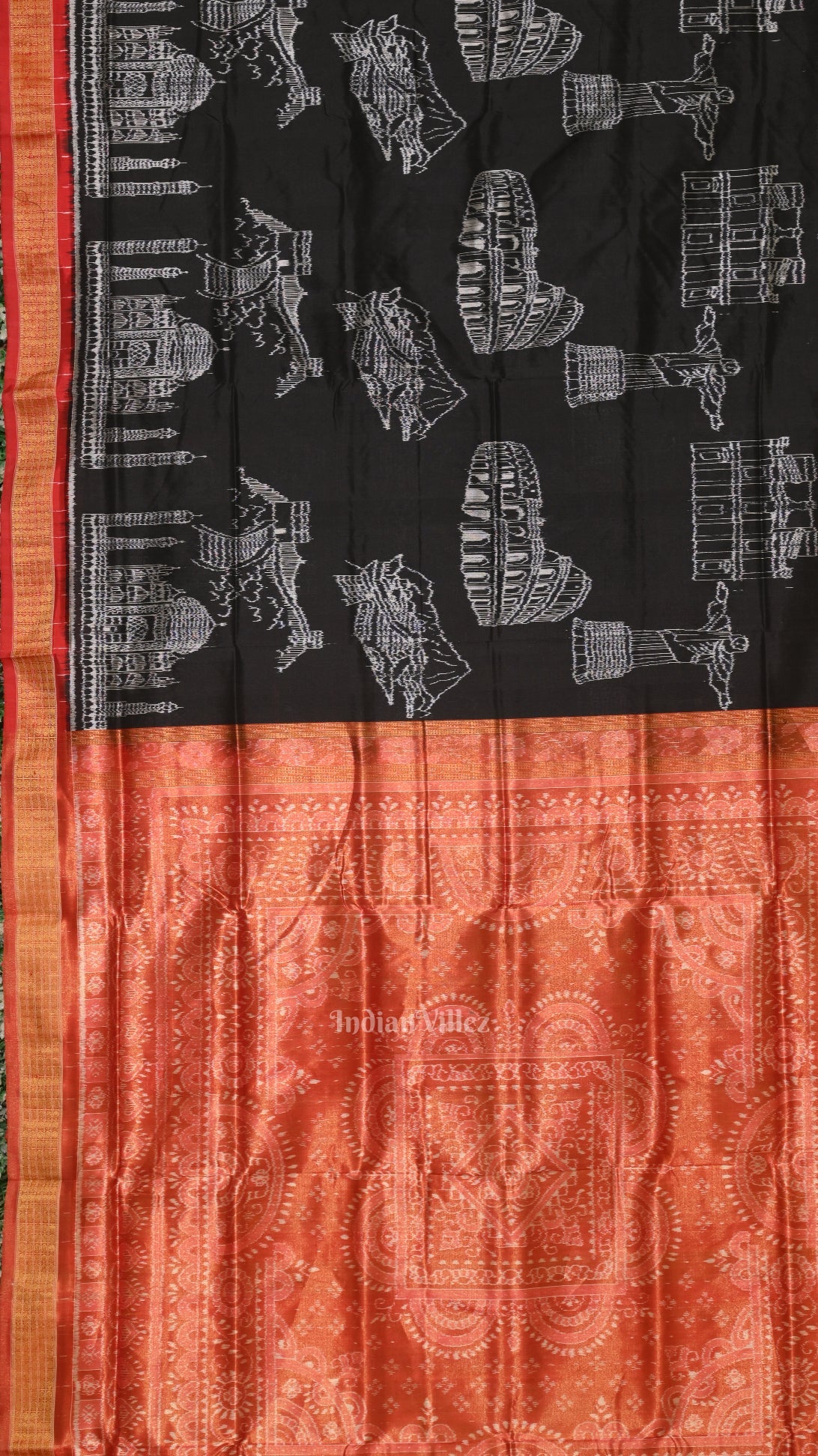 Pure Black Half Tissue Sambalpuri Silk Saree ( 7 Wonders of the World)