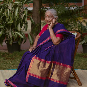 Violet Handloom Venkatagiri Cotton Saree With Border in a checkered pattern