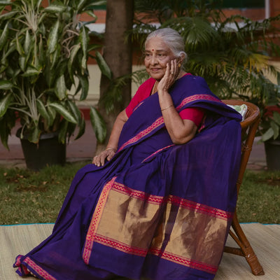 Violet Handloom Venkatagiri Cotton Saree With Border in a checkered pattern