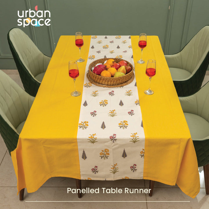 100% Cotton Dining Table Cover, Table Cloth with Panelled design - High Garden Yellow