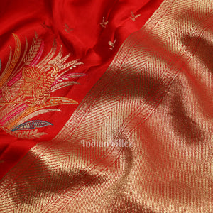 Deep Red Mashru Satin Satin Silk Banarasi Saree