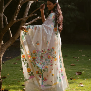 Off White Handloom Bengal Cotton Saree With Floral Meenakari Motifs in Border and Tree of Life Woven in the Jamdani Technique