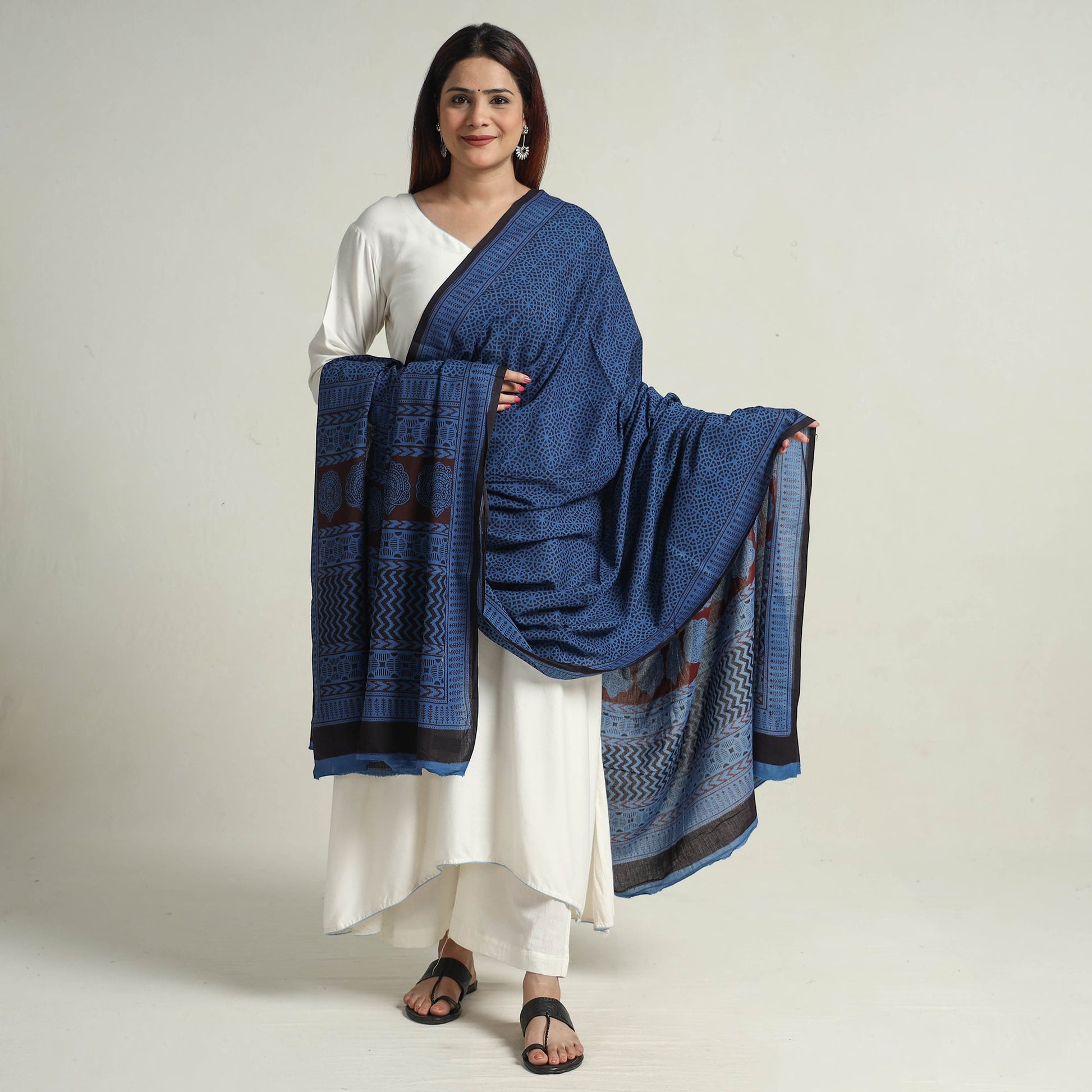 Blue - Block Printed Natural Dyed Cotton Bagh Dupatta 04