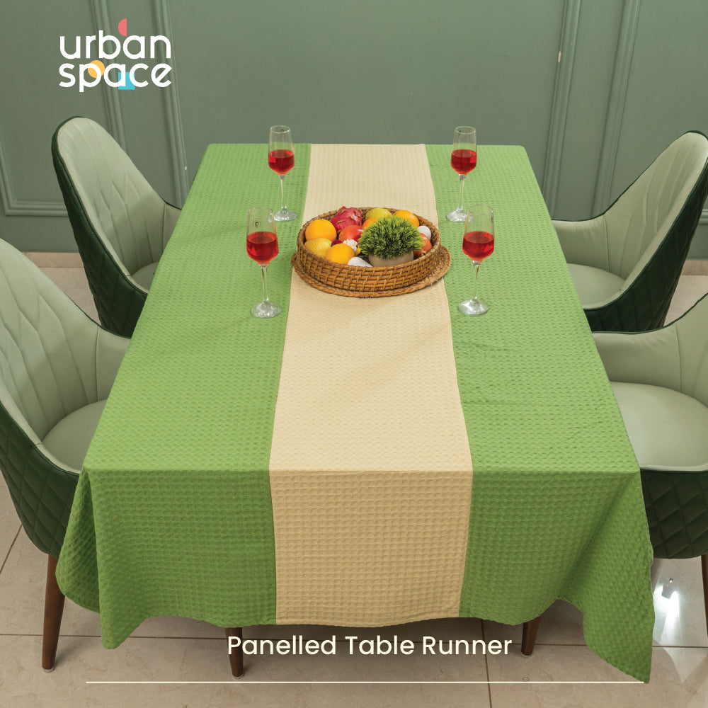 100% Cotton Waffle Weave Dining Table Cover, Table Cloth with Panelled design - Sage Green & Beige