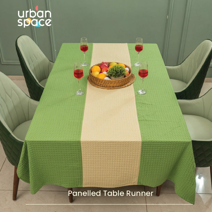 100% Cotton Waffle Weave Dining Table Cover, Table Cloth with Panelled design - Sage Green & Beige