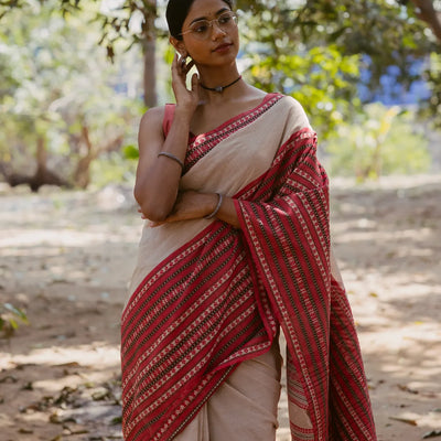 Beige Handloom Bengal Cotton Saree With Contrast Border