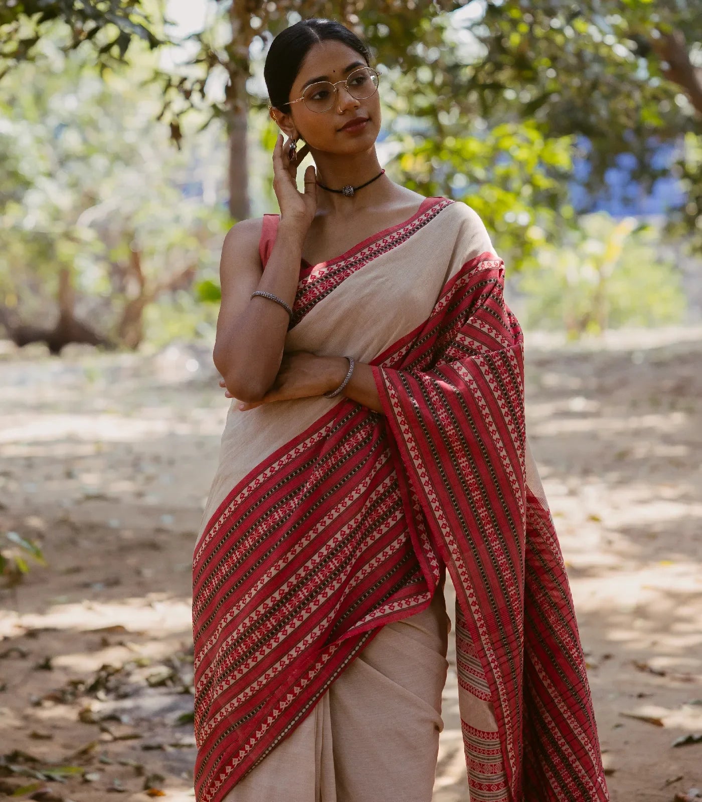 Beige Handloom Bengal Cotton Saree With Contrast Border