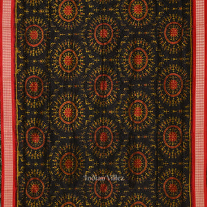 Deep Black Red Tribal Theme Sambalpuri Silk saree