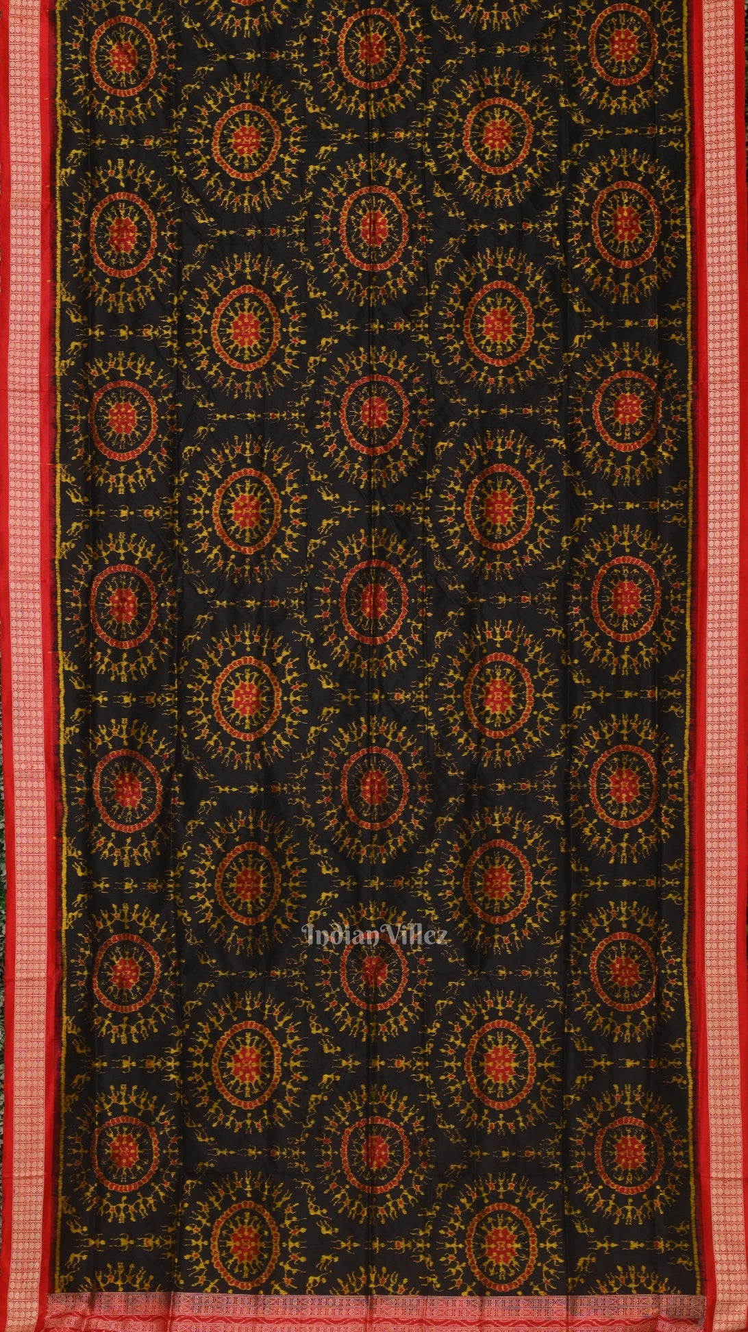 Deep Black Red Tribal Theme Sambalpuri Silk saree