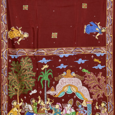 Red Mathura Vijay Theme Hand-Painted Pattachitra Saree