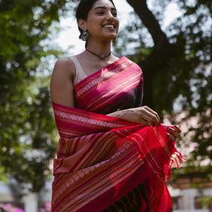 Black Handloom Korvai Kanchi Cotton Saree With Annam And Rudaksham Motifs in A Pink Border