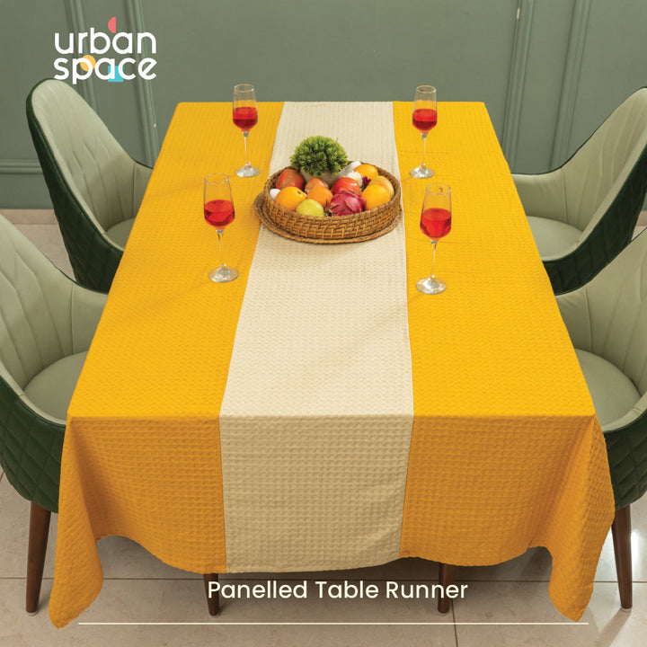 100% Cotton Waffle Weave Dining Table Cover, Table Cloth with Panelled design - Mustard & Beige