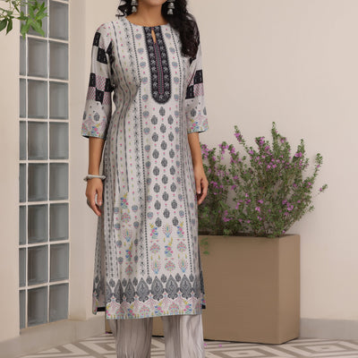 Grey Printed Silk Blend Straight Suit With Dupatta
