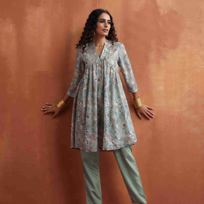 trueBrowns Green Print Flared Kurta Co-ord Set