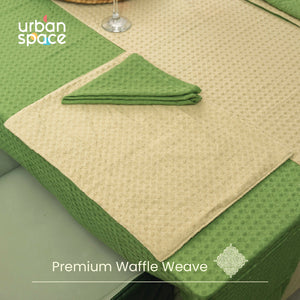 100% Cotton Waffle weave dining table cover Combo - 1 Table Cloth, 4 reversible Placemats and 4 matching solid-colored Napkins - Sage Green & Beige