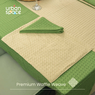 100% Cotton Waffle weave dining table cover Combo - 1 Table Cloth, 4 reversible Placemats and 4 matching solid-colored Napkins - Sage Green & Beige