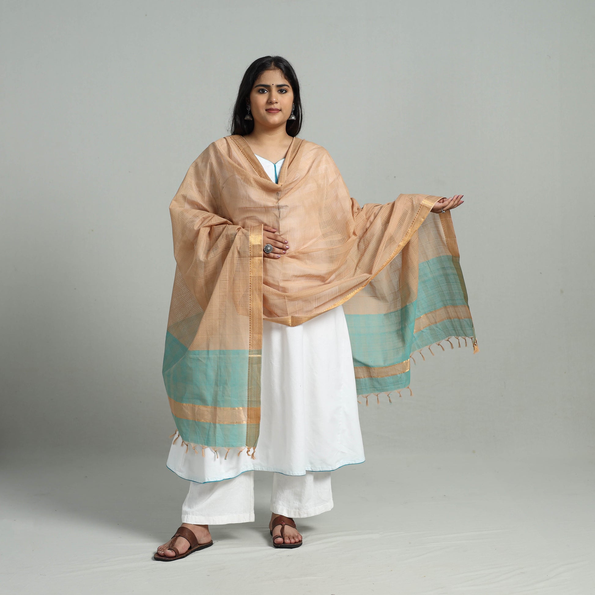 Beige - Handloom Cotton Nizam Zari Border Mangalagiri Dupatta 02