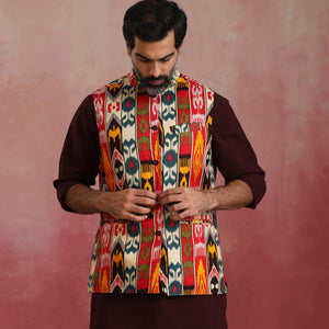 trueBrowns Men's Cola Ikat Reversible Nehru Jacket