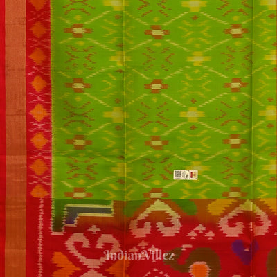 Parrot Green with Pure Red Handloom Pochampally Ikat Silk Saree