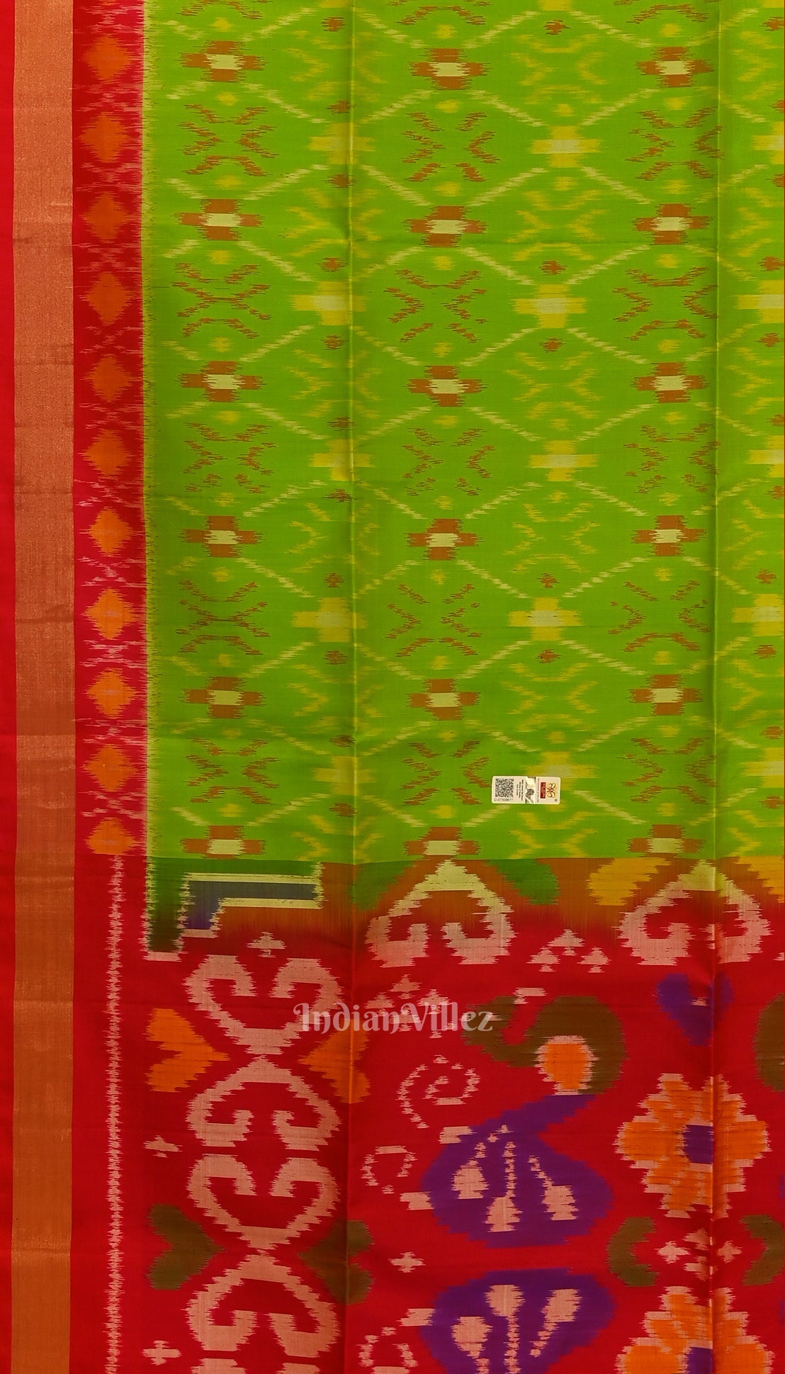 Parrot Green with Pure Red Handloom Pochampally Ikat Silk Saree