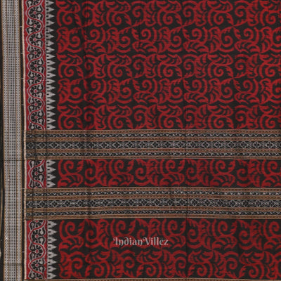 Black Maroon Floral Theme Sambalpuri Ikat Cotton Saree
