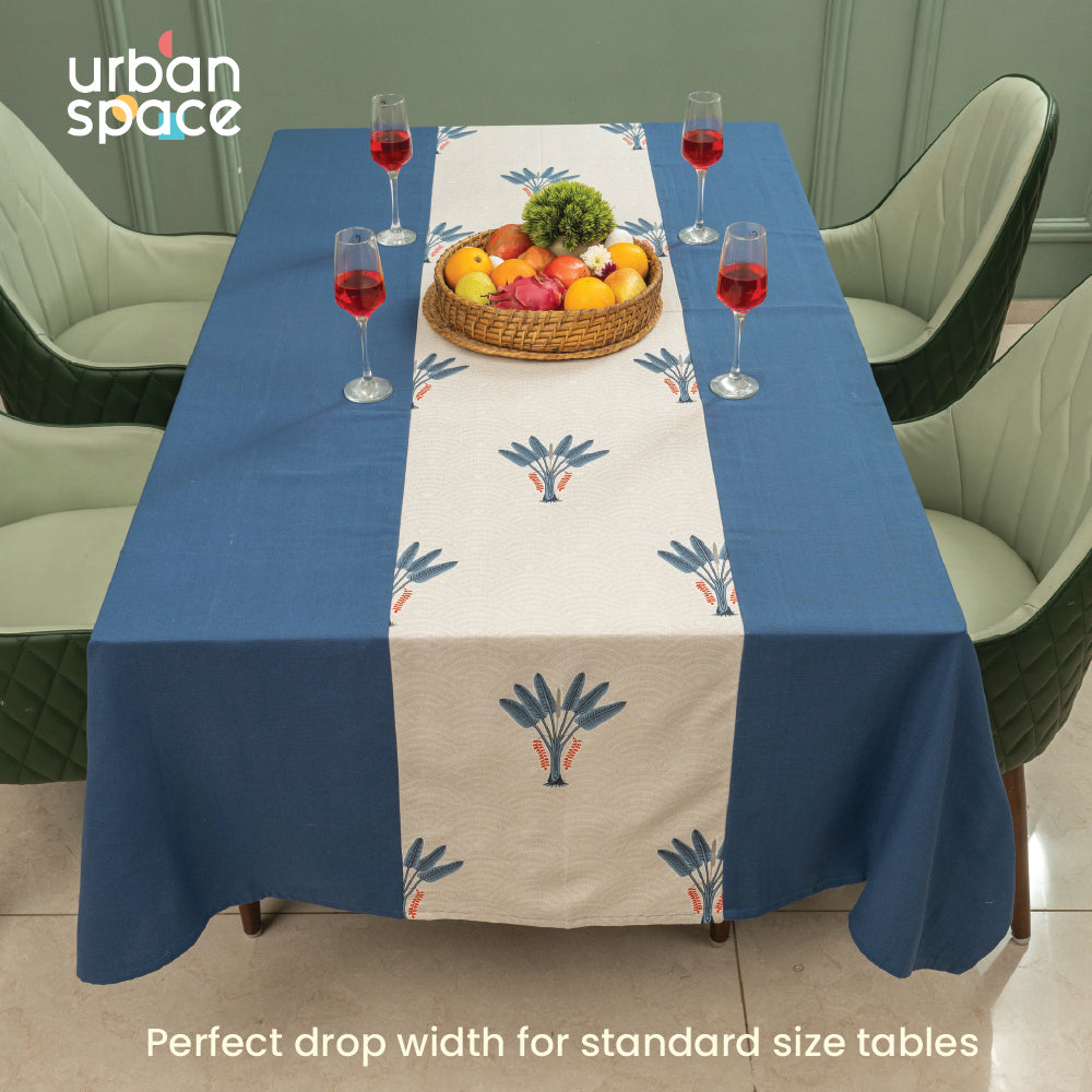 100% Cotton Dining table cover Combo - 1 Table Cloth, 4 reversible Placemats and 4 matching solid-colored Napkins - Palm Lagoon Indigo