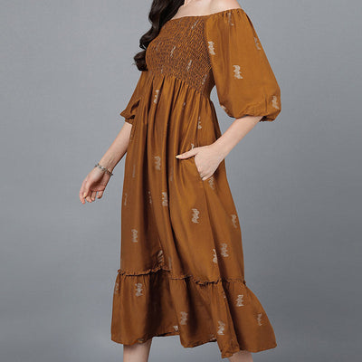 Brown Poly Silk Embellished Midi Dress VD1278