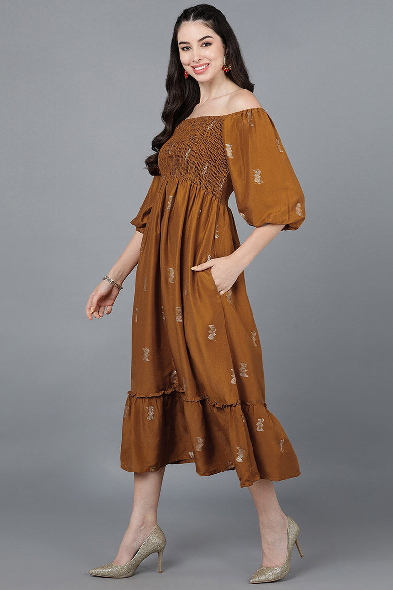 Brown Poly Silk Embellished Midi Dress VD1278