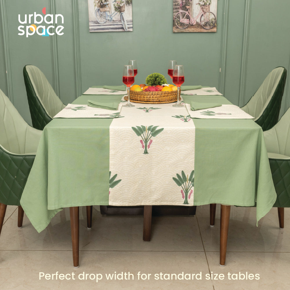 100% Cotton Dining table cover Combo - 1 Table Cloth, 4 reversible Placemats and 4 matching solid-colored Napkins - Palm Lagoon Green