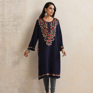 trueBrowns Blue Kashmiri Embroidered Woollen Phiran Kurta