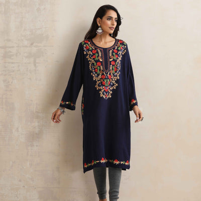 trueBrowns Blue Kashmiri Embroidered Woollen Phiran Kurta