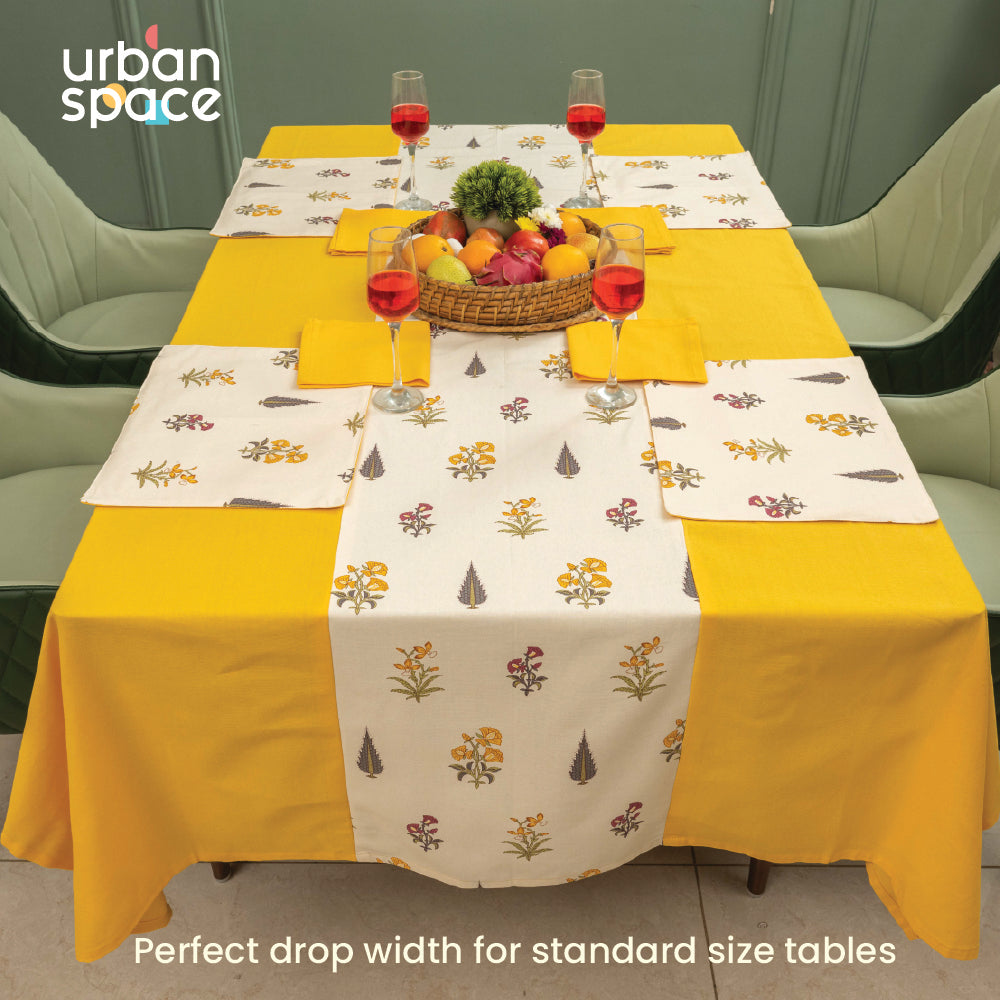 100% Cotton Dining table cover Combo - 1 Table Cloth, 4 reversible Placemats and 4 matching solid-colored Napkins - High Garden Yellow