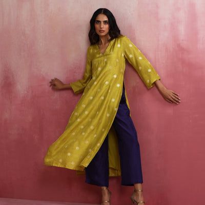 trueBrowns Lime Viscose Silk Kurta Set