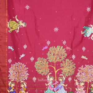 Magenta Pink Nartaki Theme Hand- Painted Pattachitra Saree