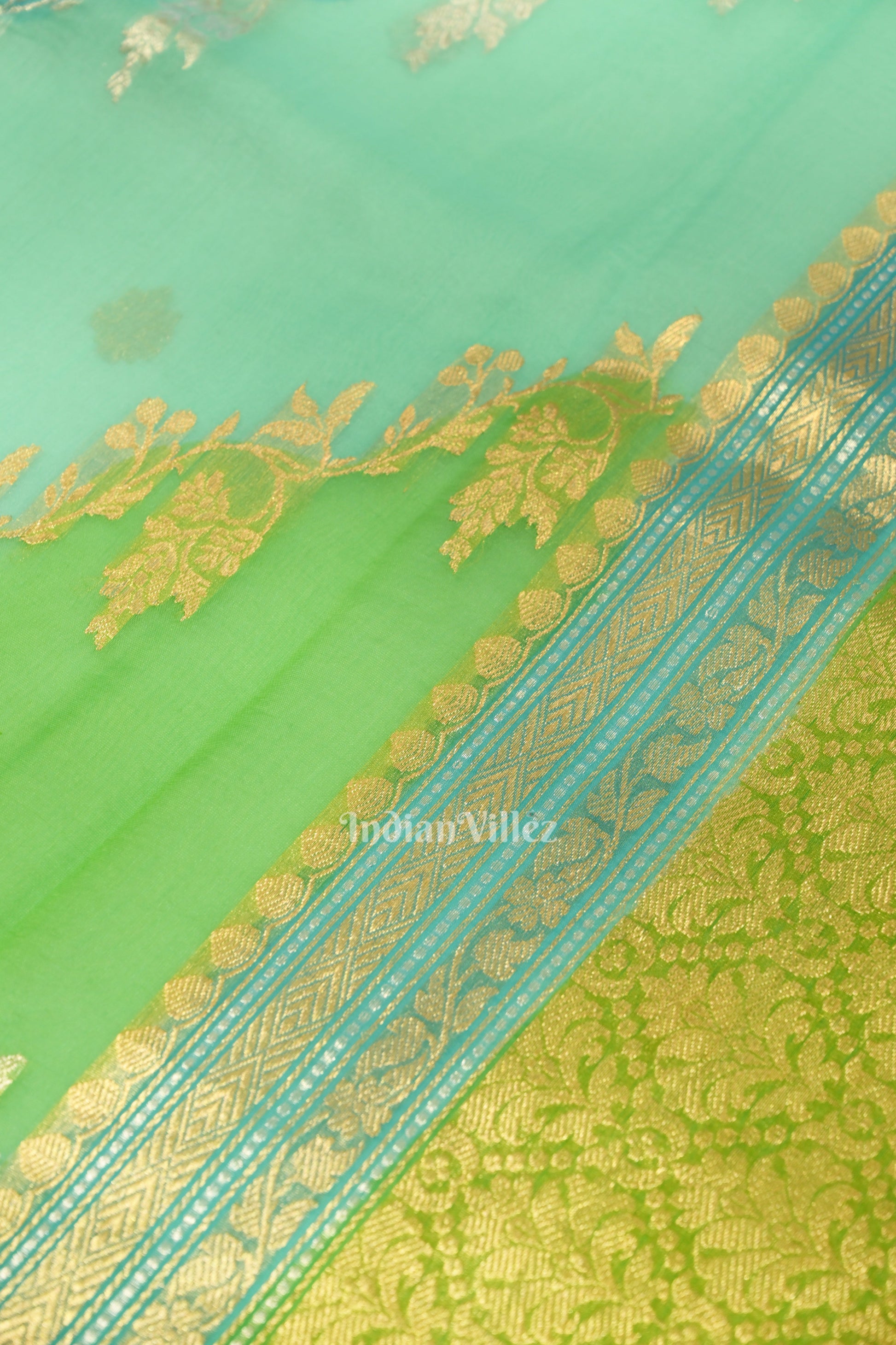 Surf Blue with Green Kora Organza Banarasi Saree