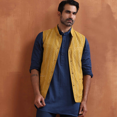 trueBrowns Men's Mustard Cotton Dobby Reversible Nehru Jacket