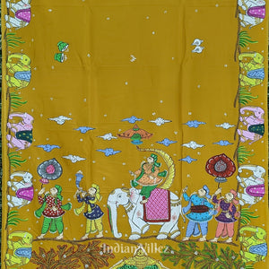 Yellow Doli Barat Theme Hand-Painted Pattachitra Saree
