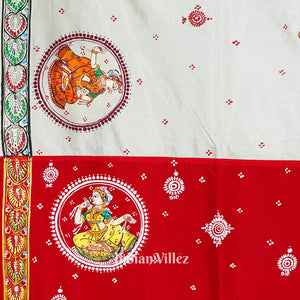 White Manabasa Laxmi Puja Theme Hand-Painted Pattachitra Saree