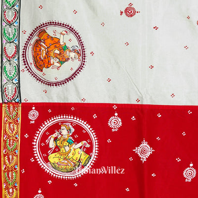 White Manabasa Laxmi Puja Theme Hand-Painted Pattachitra Saree