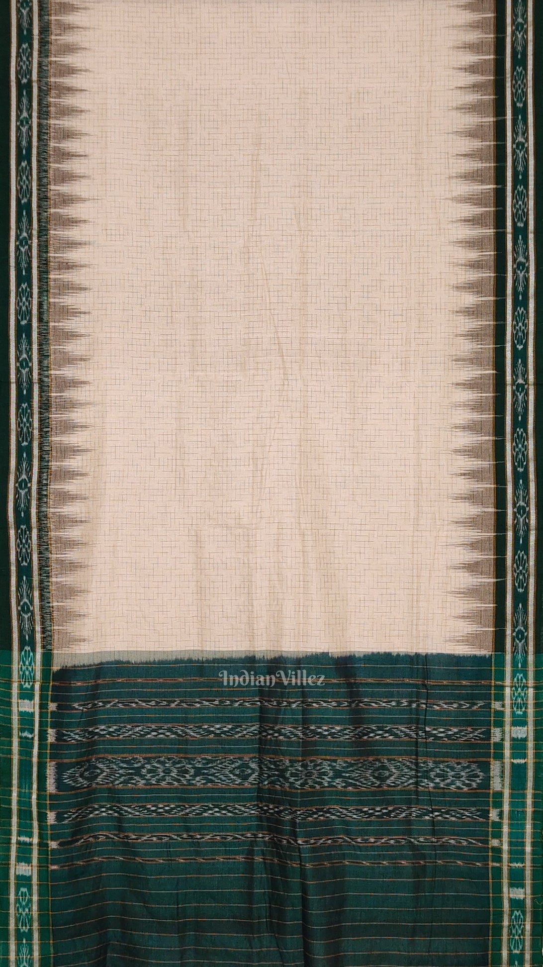 Cream Green Jharana Maniabandha Cotton Saree