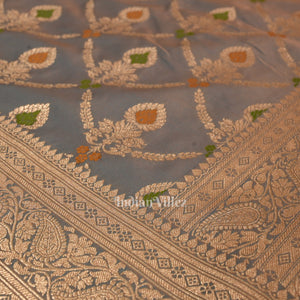 Light Blue Peach Dual Tone Meenakari Pure Mashru Satin Silk Banarasi Saree