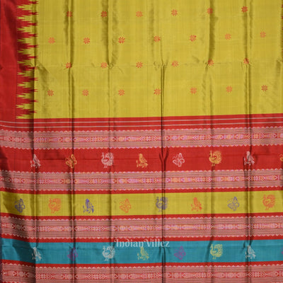 Mehendi Green & Red With Multicolor Double Pallu Berhampuri Silk Saree