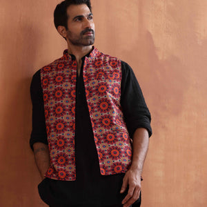 trueBrowns Men's Beige Printed Nehru Jacket