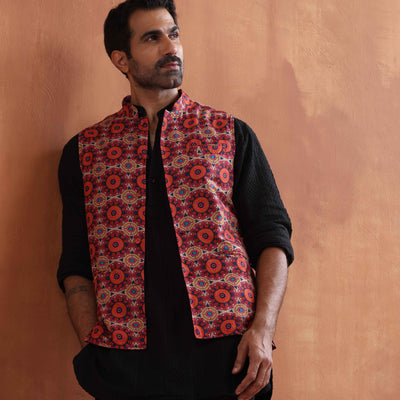 trueBrowns Men's Beige Printed Nehru Jacket